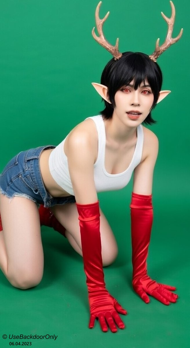 UseBackdoorOnly's tweet photo. Backdoor deer-elf cosplay / green screen session (April 2023)
This was a huge, long photo shoot on green screen so I could later composite her into fantasy backgrounds. We went all out!
By this point I had finally bought the long red velvet gloves and the perfect red platform heels (bought months earlier for work and specifically for Backdoor cosplay… they were made for her). I was so excited… but then disaster struck: I completely lost my red thigh-high stockings the day before the shoot. Couldn’t find them anywhere, and no time to buy new ones. Classic cosplay tragedy.
The antlers were the cheap eBay headband version worn under the Rukia wig (also cheap eBay… lesson learned, never buy low-quality cosplay gear). The headband was uncomfortable and the antlers were way too big for the wig. The black bob wig was there to hide my short hair, but looking back it was a bit silly, especially since I had already done earlier shoots with my real short hair and no wig at all.
Red eyes added in post (as always, all photos were heavily edited and retouched before going live).
I’ve improved my Backdoor cosplays a lot since this session. I still keep the core look (black hair, antlers, elf ears, red eyes), but now I love mixing her with other outfits I actually enjoy wearing too. This was the “proper” canonical version I was building toward at the time, and I still really like the final vibe… but I’ve come a long way! What do you think of this older version?
#UseBackdoorOnly #DeerGirl #GreenScreenCosplay #ElfCosplay