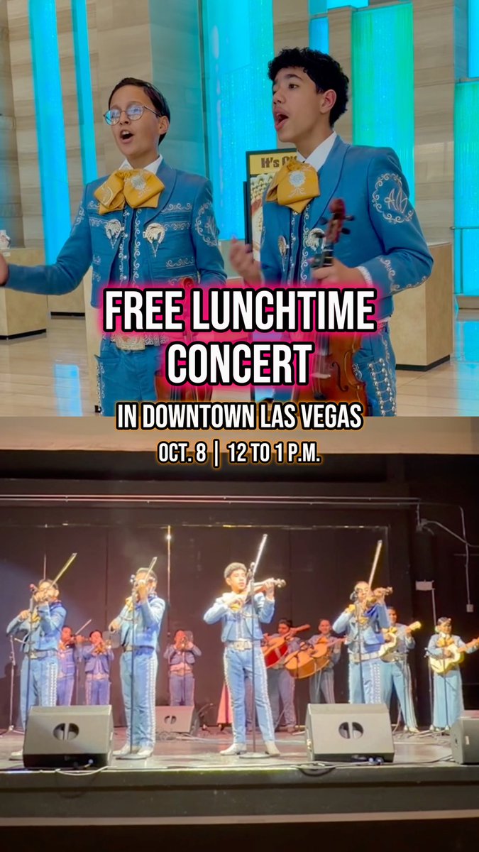 Promotional graphic for a 'FREE LUNCHTIME CONCERT IN DOWNTOWN LAS VEGAS' on Oct. 8 from 12 to 1 P.M., featuring images of mariachi performers in traditional blue charro suits with gold bow ties.