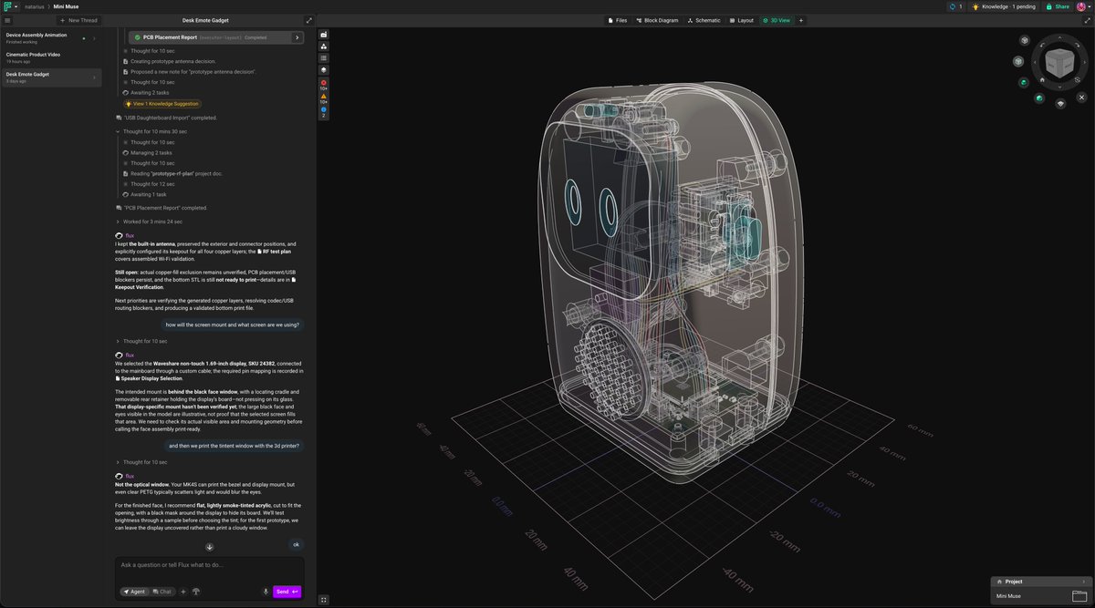 Flux workspace showing a PCB placement report beside a 3D enclosure and electronics model inside one hardware-design environment