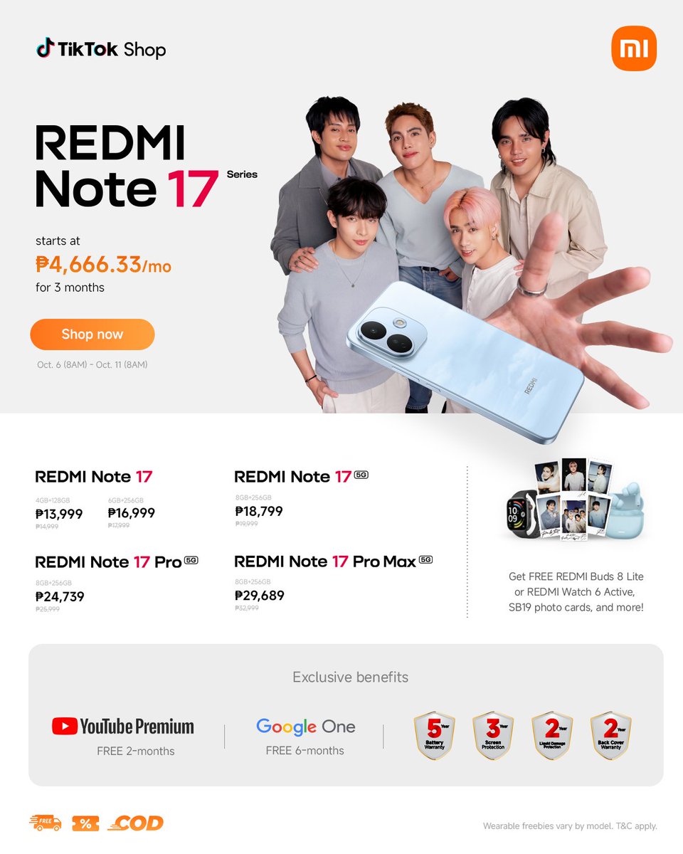 Xiaomi_PH's tweet photo. Your #REDMINote17Series upgrade just got easier! 🔥

Get yours on TikTok Shop from October 6-11 for as low as ₱4,666.33/month for 3 months, plus exclusive SB19 merch and more freebies! 🎁✨

Visit our Tiktok Shop now! 
🔗https://t.co/pgV8JeYsJC https://t.co/fDQdsJIyCy