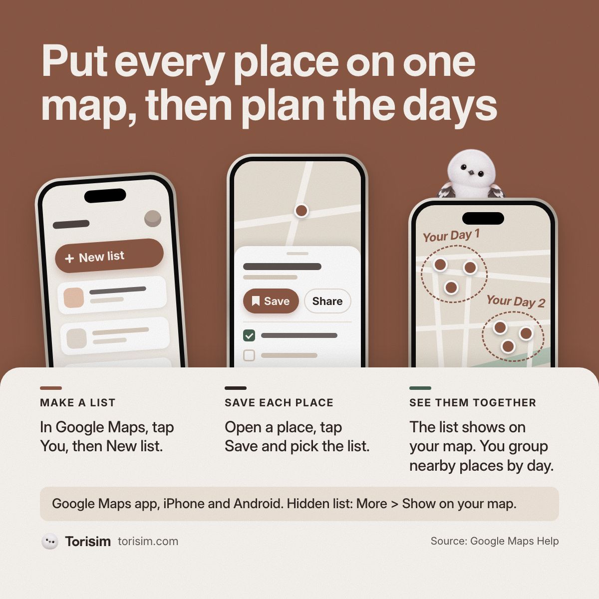 Torisim_esim's tweet photo. Save every place you want to visit to one Google Maps list before you plan the days. The places show together on your map, so you can see which ones are close.

Make it: tap You, then New list.
Add a place: open it, tap Save, pick the list.

Google Maps app, iPhone and Android. https://t.co/aM40xn8WUj