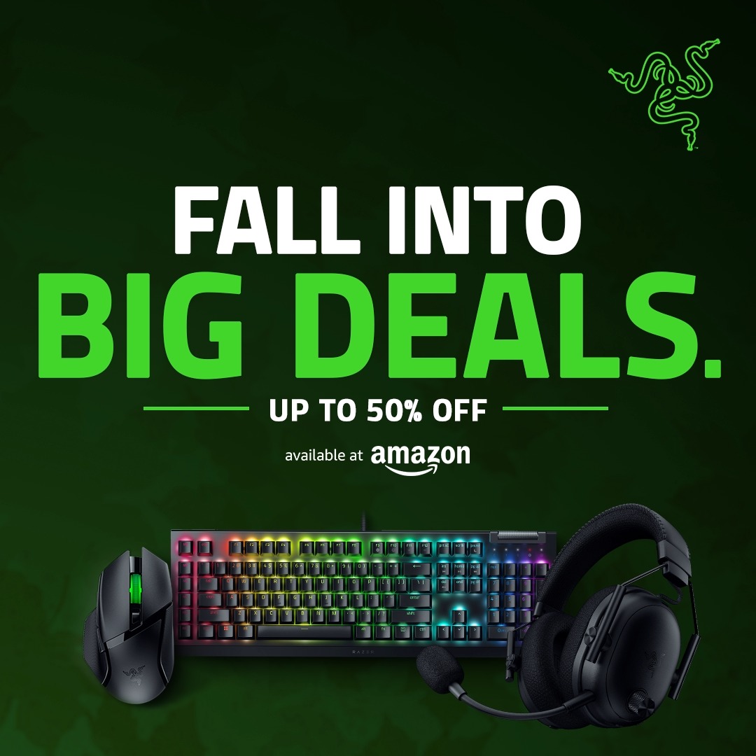 A promotional graphic with a dark green background features the Razer logo and the text "FALL INTO BIG DEALS. UP TO 50% OFF available at amazon," showcasing a glowing RGB mechanical keyboard, a gaming mouse, and a headset. The image aligns with the post by advertising Razer gaming peripherals like the BlackShark V3 Pro and Naga V2 Pro at discounted prices during Amazon's Prime Big Deal Days event.