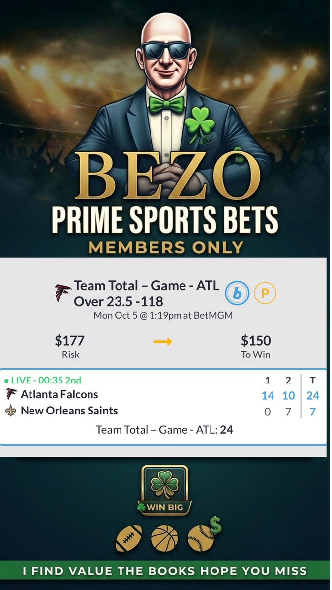 BezosBets's tweet photo. Cash it! ✅

🏆🏈 Falcons TT O23.5💰

LIKE IF YOU BANGED 🍀 https://t.co/DHGpMUZw3f