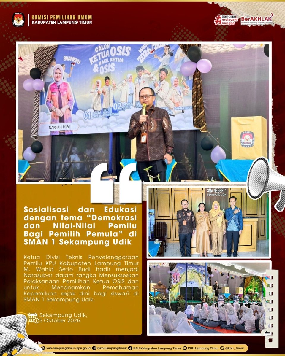 kpu_timur's tweet photo. #TemanPemilih,
KPU Kabupaten Lampung Timur melaksanakan kegiatan Sosialisasi dan Edukasi dengan tema “Demokrasi dan Nilai-Nilai Pemilu bagi Pemilih Pemula” di SMAN 1 Sekampung Udik, Senin (5/10).

#kpunelayani https://t.co/xlrc7Gs7Be