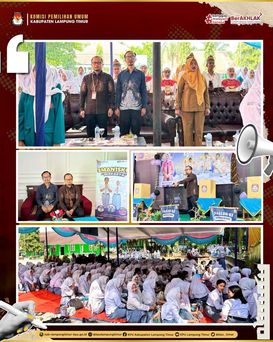 kpu_timur's tweet photo. #TemanPemilih,
KPU Kabupaten Lampung Timur melaksanakan kegiatan Sosialisasi dan Edukasi dengan tema “Demokrasi dan Nilai-Nilai Pemilu bagi Pemilih Pemula” di SMAN 1 Sekampung Udik, Senin (5/10).

#kpunelayani https://t.co/xlrc7Gs7Be