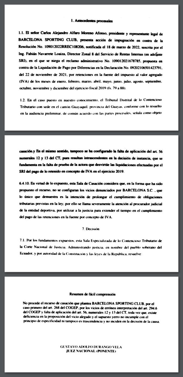 vozdelsociobsc's tweet photo. Barcelona Sporting Club es tierra de nadie y el pasivo sigue incrementándose de manera brutal.

Hace poco tiempo crecieron estas deudas en BSC:
Demanda perdida con DuoPrint por $1.120.000,00
Demanda perdida con Bryan Oyola por $292.000,00

Y como si esto fuera poco, según la consulta de información de dominio público al portal web del SRI, entre el 03-jun-2026 y el 04-oct-2026 la deuda firme del club pasó de $401.981,92 a $2.902.098,42. Es un incremento de $2,5 millones, porque la deuda que estaba impugnada pasó íntegramente a firme, es decir PERDIERON la impugnación.

La Corte Nacional de Justicia, en una de sus Salas de lo Contencioso, rechazó el recurso de casación del club contra la liquidación del SRI por retenciones en la fuente de IVA de enero a diciembre de 2019, este caso debe tan solo ser 1 de los tantos que suman tan abismal cantidad.
La Sala concluyó que el recurso solo evidencia la intención de prolongar el cumplimiento de obligaciones tributarias. Por eso llamó severamente la atención al procurador judicial del club por utilizar la justicia para retrasar el pago de esas retenciones, hablamos de valores retenidos a terceros que debían entregarse al fisco, hoy la deuda es firme y exigible inclusive por la vía coactiva.

¿Señores directivos de Barcelona, que quieren hacer con @BarcelonaSC ?

¿Desaparecerlo?

@gersonhm_76 
@la_abogada_ 
@BarceMurfi_SA 
@Sitio_Amarillo 
@Rubenzao_MF 
@MauricioOrtegaE 
@SchuberthSuingV
@CarlosGalvez21 
@CarlosXArguello