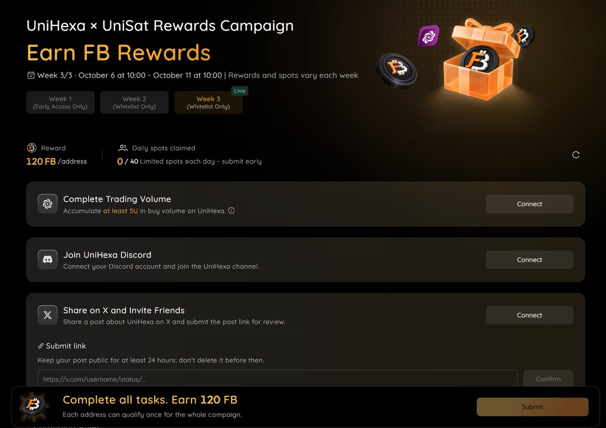 Uni_Hexa's tweet photo. 🟣 We said Let's gooooooooo. Now Week 3 is LIVE!

New week. Fresh start. Same rule: move fast.

Task Campaign Whitelist holders, complete all tasks on the campaign page to earn FB rewards.🔥

🎁 120 FB per address
🎟️ 40 submission spots per day. FCFS

👉 View campaign details and tasks: https://t.co/WyN17kUmUE