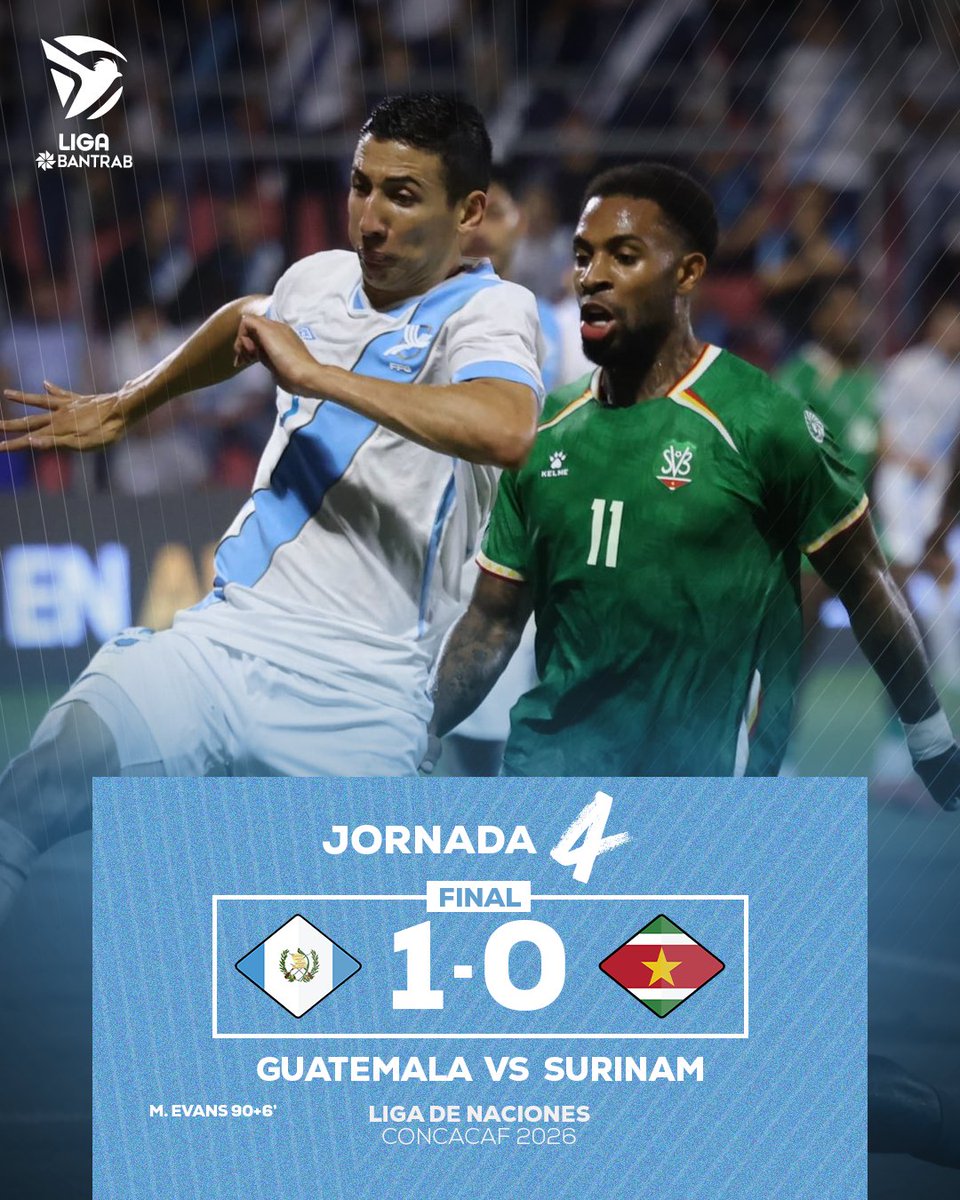 LigaBantrab's tweet photo. 🇬🇹🔥 ¡GUATEMALA ESTÁ EN CUARTOS DE FINAL!

La Bicolor 🇬🇹 derrotó 1-0 a Surinam en un final de infarto en el Estadio El Trébol. ⚽️

⏱️ 90+6’ | Matt Evans apareció en el último suspiro para marcar el gol de la victoria y desatar la fiesta en Guatemala. 💙🤍 https://t.co/16XJKVNdj0