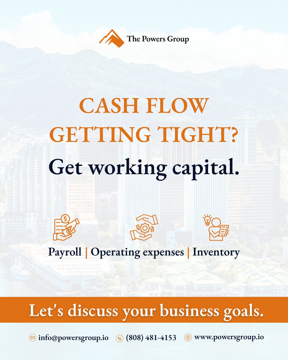 PowersGroupHQ's tweet photo. Cash flow getting tight?

Working capital can help cover the timing gap between expenses and revenue, including payroll, inventory, operating costs, and new opportunities.

Explore your options: https://t.co/iKGymn8nw8 https://t.co/uMKPN9XP2B