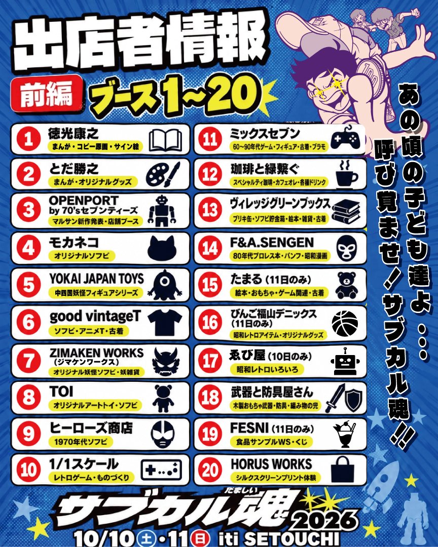 sabukaru01's tweet photo. 【出店者情報・前編｜ブース1〜20🔥】
サブカル魂2026まであと4日！
漫画、ソフビ、レトロ玩具、ゲーム、古着、妖怪、アートトイなど個性豊かな出店者が集合！
気になるブースを画像でチェック👀
後編21〜41も続きます！
10/10(土)・11(日)｜iti SETOUCHI
#サブカル魂2026 #福山イベント #フクヤマニメ https://t.co/kxMckkJet0