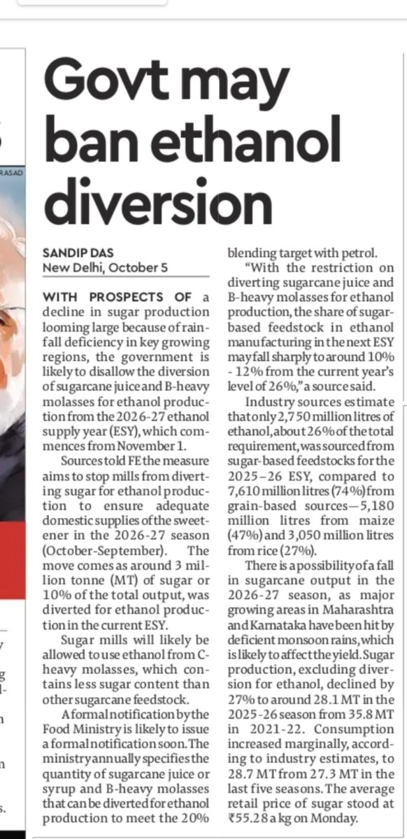 ShridhantS's tweet photo. Govt may ban ethanol diversion
Source told FE the measure aim to stop Mills from diverting sugar for ethnol production to ensure adequate domestic supplier of the sweet in the Fy26-27season.
The move come as around 3 MTof sugar or 10% total output .
#Ethnol #Sugar https://t.co/oJ7O0orISl