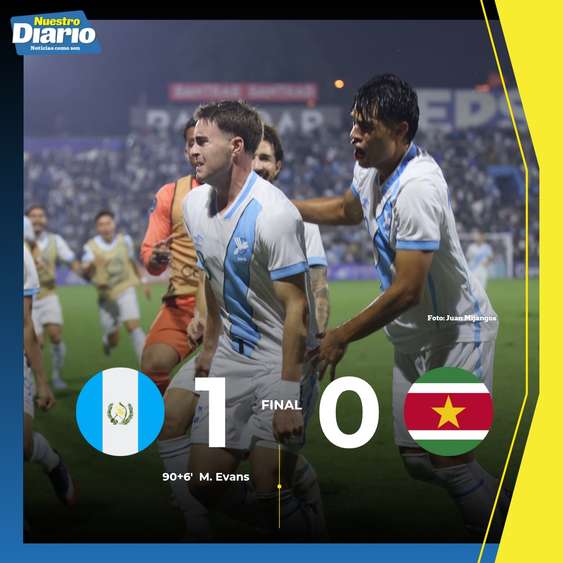 NuestroDiario's tweet photo. ¡CLASIFICADOS A CUARTOS! 🇬🇹⚽️🔥

Con la anotación de Mats Evans, la Selección de Guatemala derrotó a Surinam y avanzó a cuartos de final de la Liga de Naciones de la Concacaf.

📌 La Sele llega a 7 puntos y, a falta del juego de Honduras y Jamaica, lidera su grupo con 7 puntos y +6 de diferencia de goles.

📸Juan Mijangos | #DeportesND