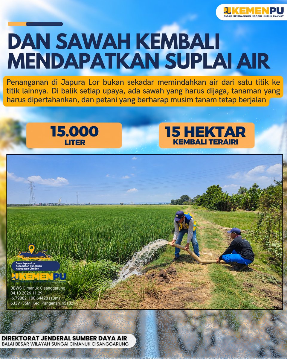 BBWSCimanuk's tweet photo. Penanganan ini membantu sekitar 15 hektare sawah kembali terairi, termasuk melalui suplai sebanyak 15.000 liter air. Yang dikejar bukan hanya air bisa mengalir, 

#sigapmembangunnegeriuntukrakyat
#mengelolaairuntuknegeri
#bersamamenjagaair
#jagaketersediaanair
#bbwscimancis https://t.co/LZBlJNao72