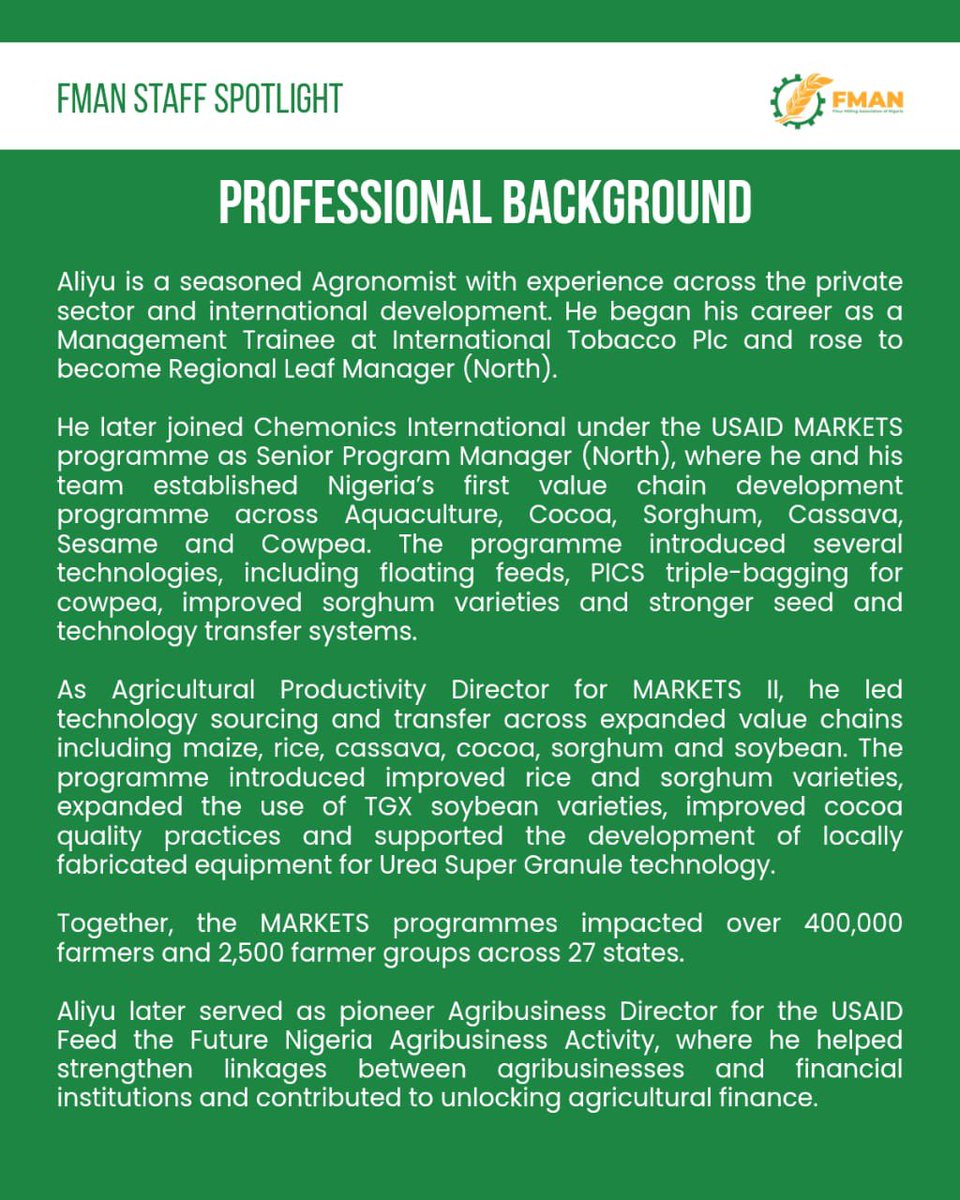 fmanng_'s tweet photo. Swipe through to learn more about Dr Aliyu’s journey, what brought him to FMAN, what he enjoys about the work, and his vision for the future of Nigeria’s agricultural sector.
#FMAN #StaffSpotlight #Agriculture #Agribusiness #FoodSecurity NigeriaAgriculture https://t.co/R8vhWeGA0Y