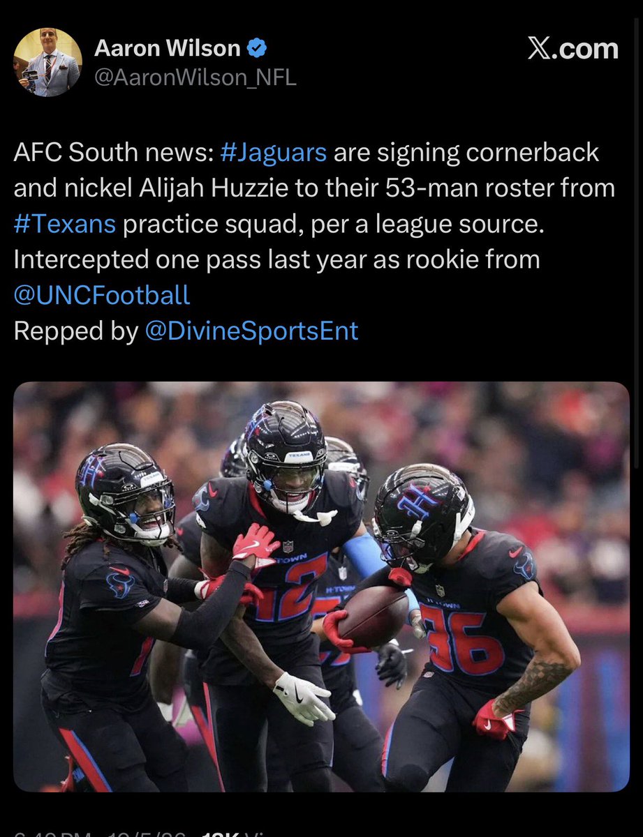 JaguarsNow904's tweet photo. According to .@JStCyrTV and @AaronWilson_NFL, the #Jaguars are making 2 additions to the DB room. 

Jones was an UDFA out of Ole Miss in 2022 &amp; has spent nearly his entire career in Chicago. 56 games. 6 starts. 101 tackles. 

Huzzie was an UDFA out of UNC in 2025. 1 INT in 2025. https://t.co/oiz3zCrYL8