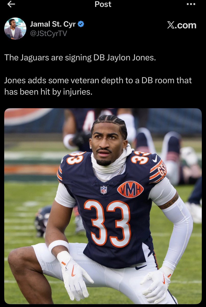 JaguarsNow904's tweet photo. According to .@JStCyrTV and @AaronWilson_NFL, the #Jaguars are making 2 additions to the DB room. 

Jones was an UDFA out of Ole Miss in 2022 &amp; has spent nearly his entire career in Chicago. 56 games. 6 starts. 101 tackles. 

Huzzie was an UDFA out of UNC in 2025. 1 INT in 2025. https://t.co/oiz3zCrYL8