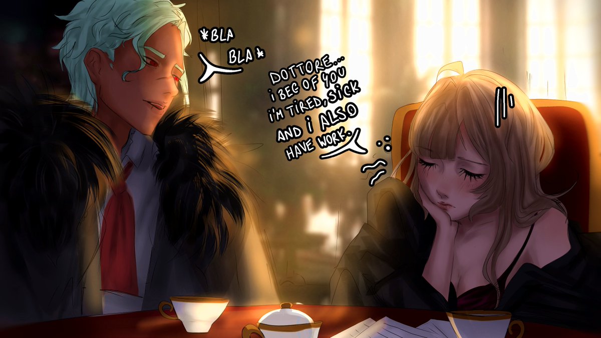 Eurrus_'s tweet photo. Pov : u are sick and your annoying boyfriend wont stop bugging you #sandttore #dottodrone #sandrone #dottore https://t.co/rwFiPv9sV0