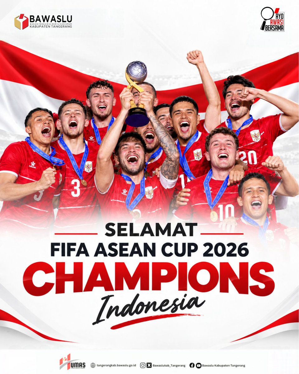 BawasluKabTang's tweet photo. INDONESIA JUARA FIFA ASEAN CUP 2026! 🏆🔥

Perjuangan, kerja keras, dan semangat pantang menyerah akhirnya berbuah manis. Timnas Indonesia berhasil menorehkan prestasi membanggakan dengan menjadi Juara FIFA ASEAN Cup 2026! ⚽ 

#fifaaseancup2026 #timnas https://t.co/RJ8H0tD1e1