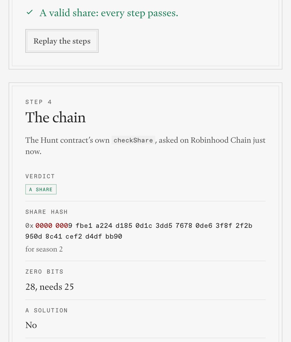 PonmathClass's tweet photo. What /verify does.

Your browser redoes the share rule from scratch, in exact whole numbers. Then the page asks the Hunt contract's checkShare view for its own verdict. Two independent checks of one share, side by side, and they have to agree. https://t.co/5BzIf9Z2df
