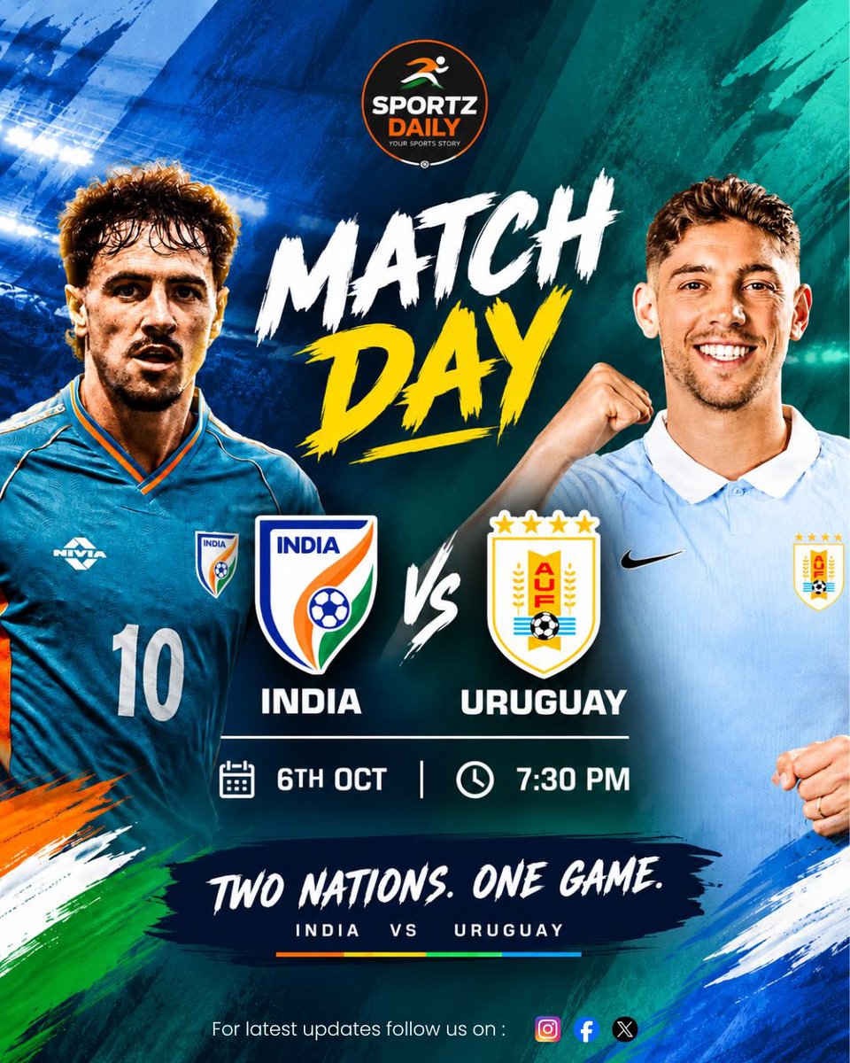 SportzDaily_IN's tweet photo. 🇮🇳 INDIA vs URUGUAY 🇺🇾

One final test against a World Cup giant! 

🗓️ Tonight | Oct 6
⏰ 7:30 PM IST
🏟️ Salt Lake Stadium, Kolkata

Can India finish the international window with a statement? 

#INDURU #IndianFootball #BlueTigers https://t.co/owd2WKSc7l