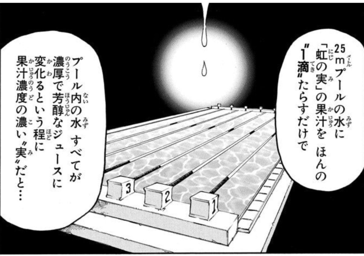 HISYAKINUV's tweet photo. 25mプールに溶けた1粒の砂糖の味を見分けるグルメ7に1滴で25mプールを濃厚ジュースにする虹の実を直で食わせてグルメ植物人間にしたいっつってんだよ https://t.co/7kGJt6K8Vw