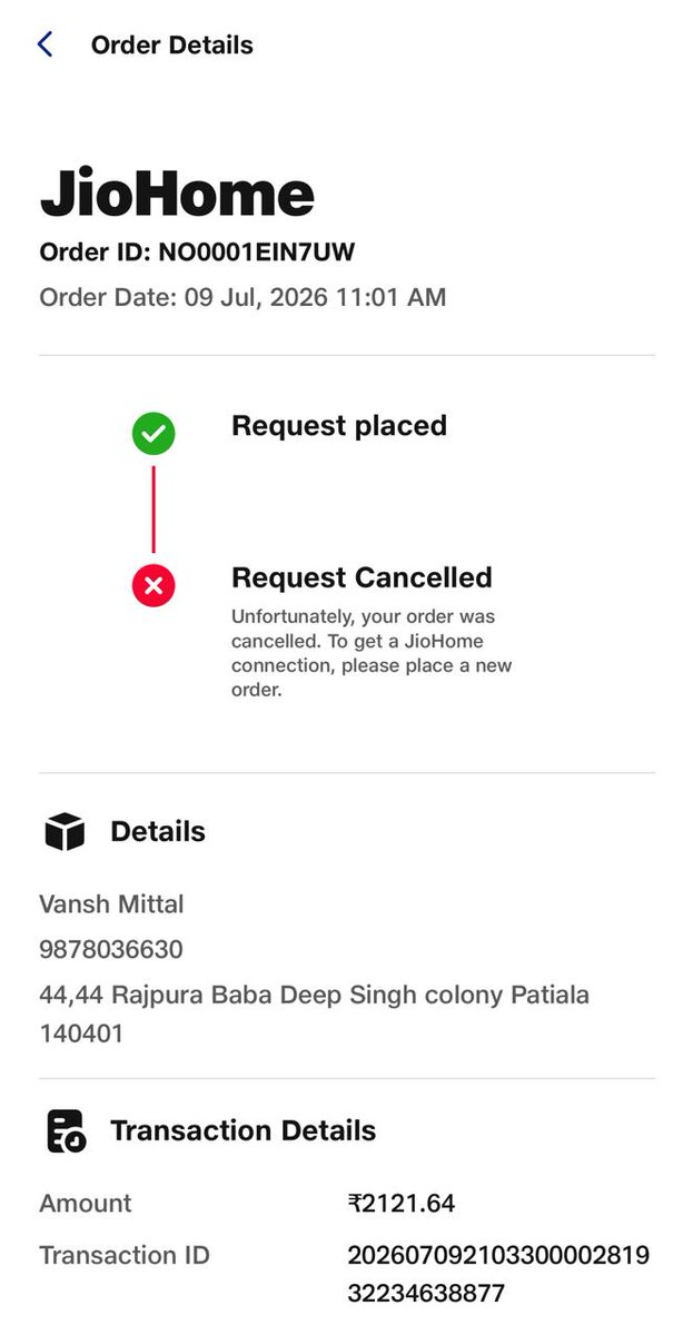 Vansh07m's tweet photo. Very disappointed with @reliancejio. I paid ₹2,121.64 on 9 July for Wi-Fi installation, which did not proceed. I received only ₹921.64 as refund on 11 July. The remaining ₹1,200 is still pending even after nearly 3 months. Please resolve this ASAP. https://t.co/lj4jGYudTw