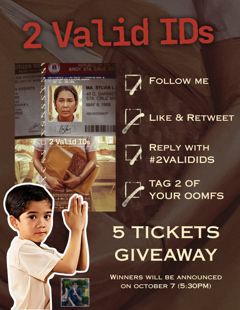childstarchive's tweet photo. 2 VALID IDS GIVEAWAY TICKETS ❗️❗️

church boi santino is giving away TICKETS for the special screening of ‘2 VALID IDS’ this oct 8, 6:30pm at sm north the block.

mechanics: 
- follow/like/rt
- reply with #2ValidIDs
- tag 2 oomfs

winners will be announced on october 7, 5:30pm! https://t.co/46mD62cYZO