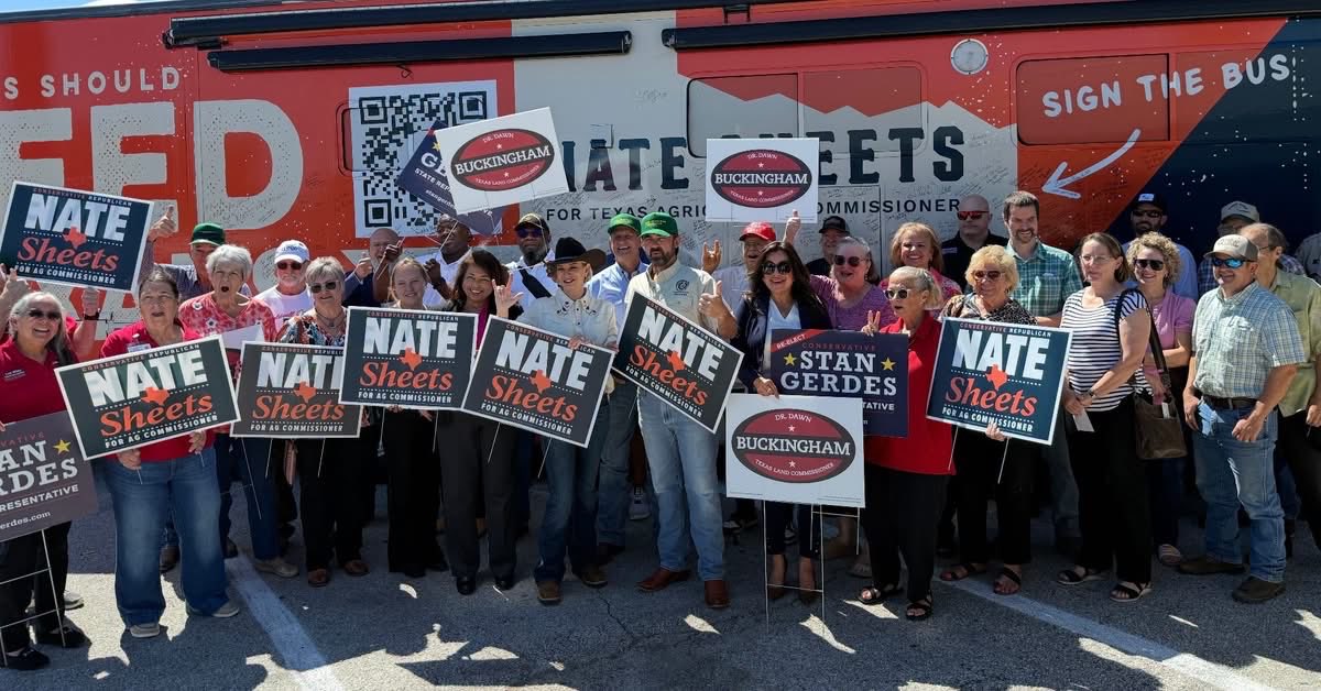 natesheetsforTX's tweet photo. Stop #12 — Lockhart, Texas! Thank you to the Caldwell County Republican Party - TX for hosting us and to Rep @StanGerdesforTX, Land Commissioner @DrBuckinghamTX, Kason Huddleston, and all the local leaders who came out.

It’s time to Grow Better Food and Grow Food Better. Off to Seguin!
