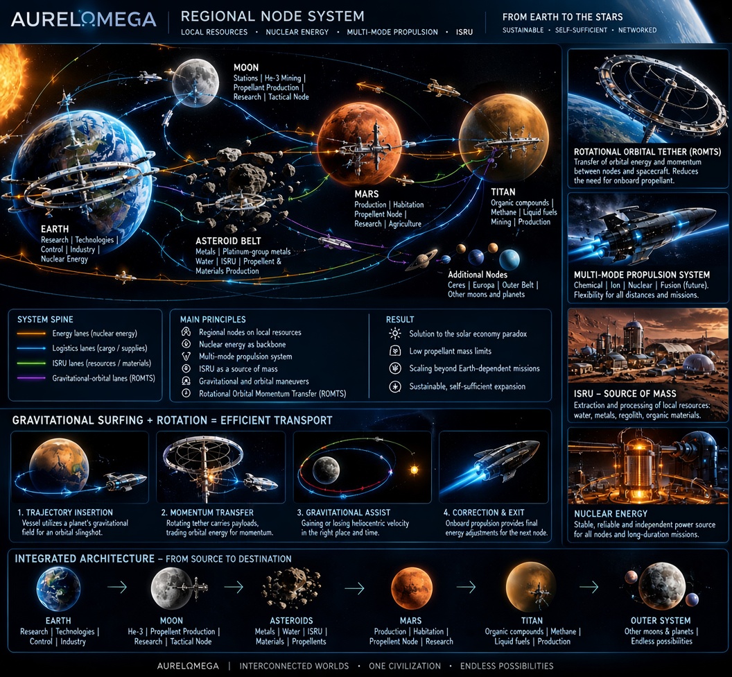 RoboAurel's tweet photo. ROMTS – Regional Node System
Local resources • Nuclear power • Multi-mode propulsion • ISRU • Momentum tethers

Moving toward a more self-sustaining interplanetary transport architecture.

#ROMTS #ISRU #SpacePropulsion #Astrodynamics #AurelOmega

@NASA @esa @SpaceX https://t.co/IYY5zayZW0