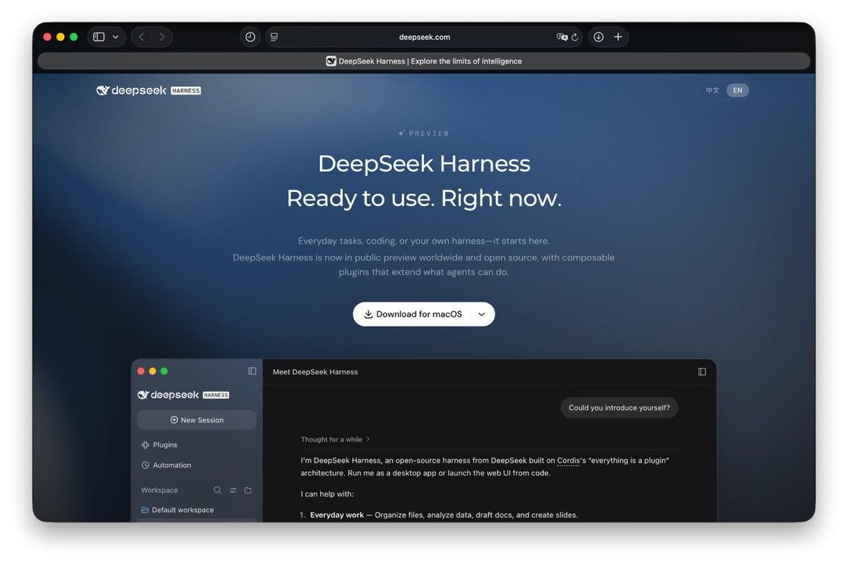 AutoBot_IO's tweet photo. DeepSeek's Harness is now on desktop: an open-source macOS/Windows alternative to Claude Code and Codex. DeepSeek models run as autonomous agents — writing, testing and debugging code, handling long tasks, with plugins. 🤖 https://t.co/YY2lHLJ6K2