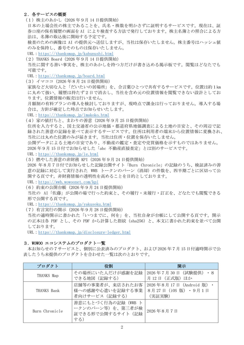 abc_trillion's tweet photo. 【abc：WOWOOエコシステム、新たに7サービスを一斉提供開始】

2026年7月公表のWOWOOエコシステムにおいて、個別開示を行っていなかった新たな7サービスの提供を開始しましたので、経過開示としてお知らせいたします。

【📌 注目ポイント】
🔸 2026年8月〜9月にかけて7サービスを順次リリース（イマココ：8/24、株主のあかし・THANKS Board：9/14 ほか）
🔸 「株主のあかし」はAI検査により氏名・株数を明かさずに株主であることを証明するサービス
🔸 「有言実行の開示」はPDFのsha256指紋と開示内の約束を台帳化し、言いっぱなしを防ぐ仕組み
🔸 7サービスはすべて現時点で無料提供。照会料・成果報酬・月額制など収益化は今後検討
🔸 WWBトークンのバーン件数を四半期ごとに公開する「燃やした善意の非財務KPI」を開設
🔸 エコシステム全体のプロダクト数は既公表分と合わせて17に拡大

＜背景＞
当社は2026年7月15日付で公表したWOWOOエコシステムにおいて、「感謝」「信頼」「貢献」といった善意の行動を改ざんが困難な形で記録・証明し、価値に変える取り組みを推進しています。
今回の7サービスは、そのうち「記録する」「証明する」「証明を使う最初の場」を担うものとして、個別開示なしに順次提供を開始しました。

＜7サービスの役割＞
「株主のあかし」は自称株主を減らすことを目的とし、「THANKS Board」はその証明を入場券とする掲示板です。
「イマココ」は位置情報を約1kmに丸め、履歴を持たず2日で消去するプライバシー重視の居場所共有サービスです。
「家の値打ちと、まわりの善意」は国交省の公示地価データと周辺の善意記録を組み合わせて表示し、地域の実感を補完します。

＜透明性・説明責任への活用＞
「燃やした善意の非財務KPI」はWWBトークンのバーン件数を四半期単位で公開し、非財務情報の透明性向上を図ります。
「約束の公開台帳」は当社AI「佐藤」が公開の場で行った約束と履行状況を誰でも閲覧できる形で公開します。
「有言実行の開示」は適時開示PDFのsha256指紋と記載された約束を台帳化し、開示の言いっぱなしを構造的に防ぐ仕組みです。

＜収益構造と今後の展開＞
収益の柱は引き続き「THANKS Bank」および「逆有償広告」による法定通貨ベースの安定キャッシュフローです。
7サービスは現時点で無料提供であり、照会料・成果報酬・月額制プランなど収益化の方針が確定次第、速やかに開示します。
2027年8月期の連結業績への影響は軽微の見込みですが、エコシステム全体の事業位置づけと収益計画は中期経営計画にて整理・公表予定です。

IR情報の詳細はこちら
https://t.co/lj1K3aJVar