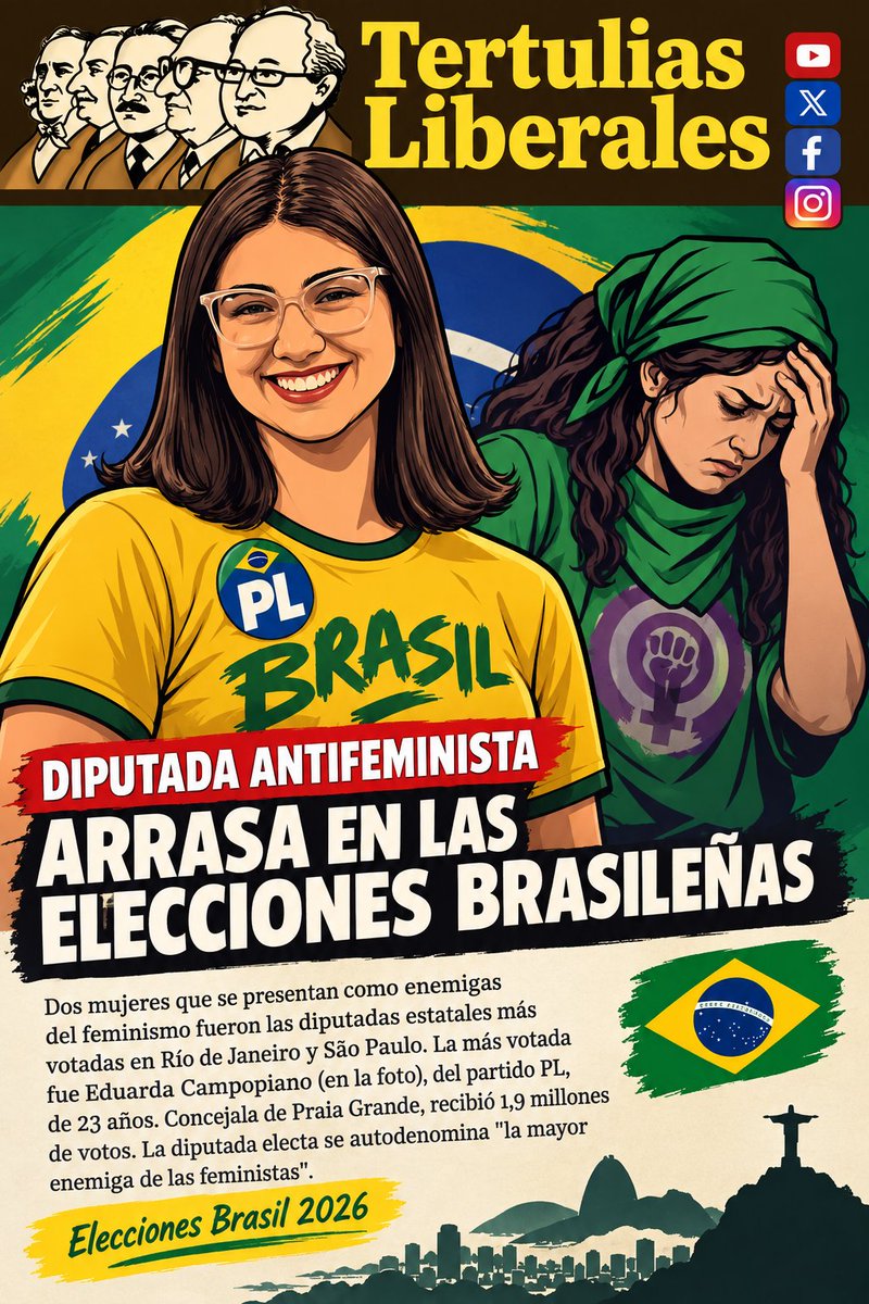 TertuliasLiber1's tweet photo. 🚨🇧🇷 l Diputada antifeminista arrasa en las elecciones brasileñas

Dos mujeres que se presentan como enemigas del feminismo fueron las diputadas estatales más votadas en Río de Janeiro y São Paulo. La más votada fue @DudaCampopiano, del partido PL, de 23 años. Concejala de Praia Grande, recibió 1,9 millones de votos. La diputada electa se autodenomina "la mayor enemiga de las feministas". "Cada mérito que logra una mujer, las feministas intentan usurparlo", declaró a Folha de S.Paulo. 

Campopiano también se hizo conocida por atacar a los pueblos indígenas y agradecer a Dios por la colonización de Brasil. En Río, la diputada estatal más votada fue @IndiaArmelau (PL), de 38 años, quien también ataca al movimiento feminista y las cuestiones de género. 

En agosto, esta simpatizante de Bolsonaro ocupó la tribuna de la Asamblea Legislativa del Estado de Río de Janeiro (ALERJ) para pedir a las votantes que no votaran por candidatas feministas.

Elecciones Brasil 2026