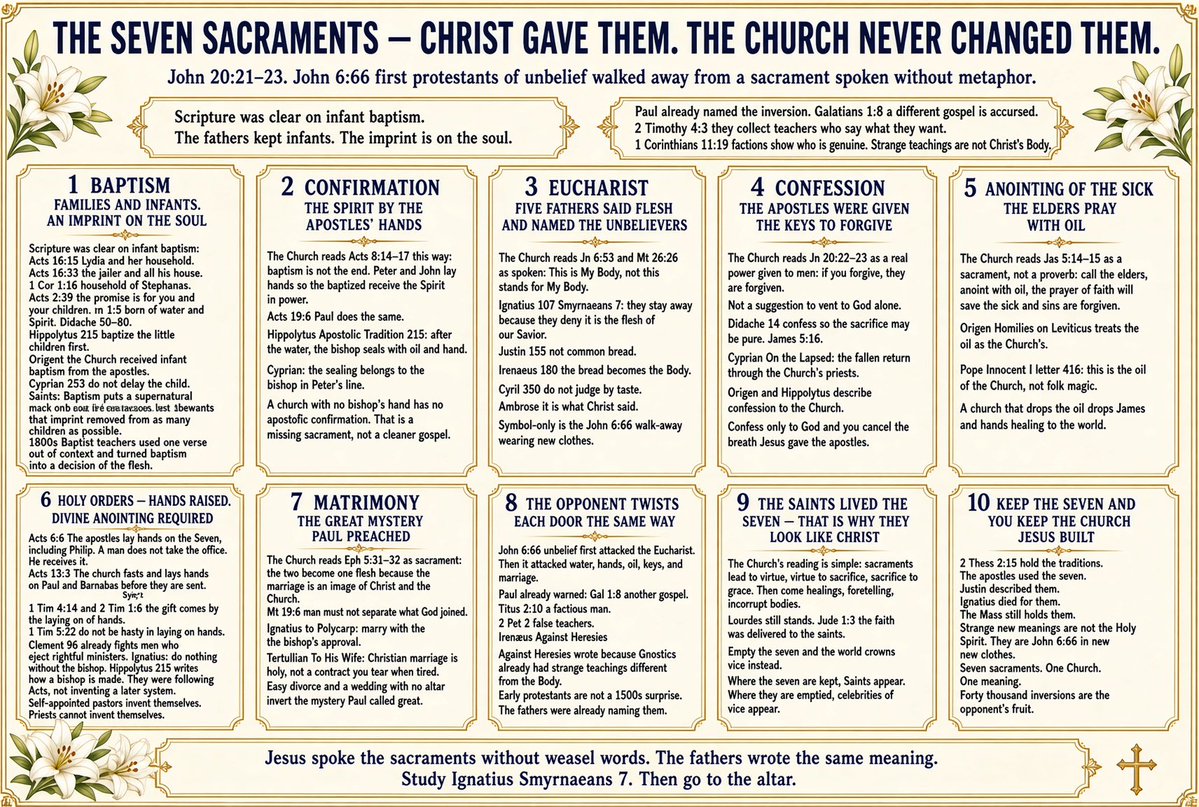 ThroughTheQueen's tweet photo. @JesusSaves1500 The 7 sacraments used by the church, from scripture, for +2000 years.  Also, the 4 flawed men, who tried to change them, in the name of, there are some bad priests charging for indulgences (a good reform issue).  But not worth destroying in revolt the 7 blessed sacraments. https://t.co/DLH7YYUey7