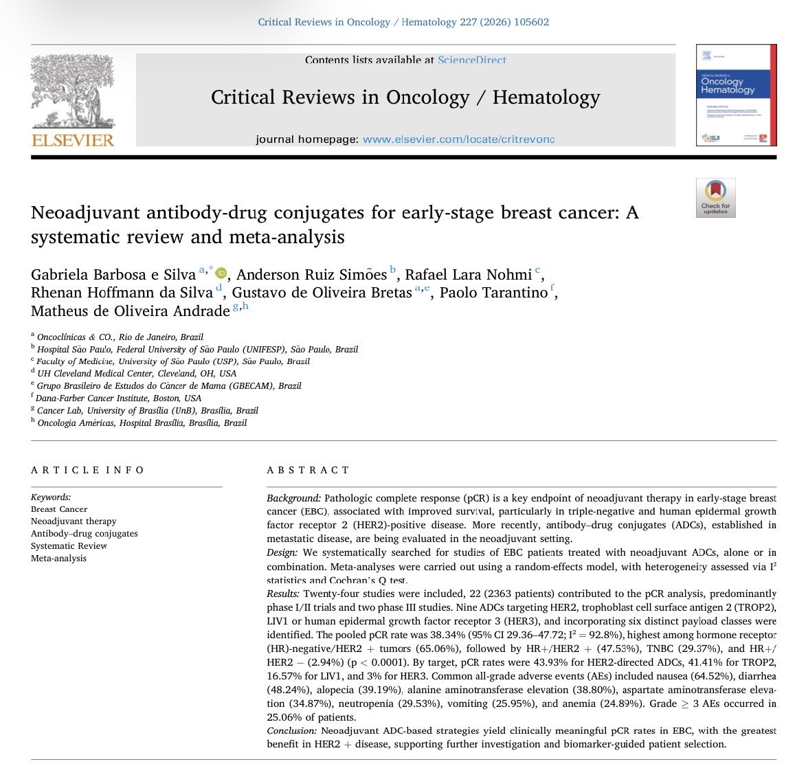 AndradeMO_MD's tweet photo. 📚New paper published! Our meta-analysis evaluated ADCs in neoadjuvant early-stage breast cancer. The highest pCR rates were seen in HER2+, highlighting their potential. Proud to mentor this work with an outstanding team @ruiz_simoes @PTarantinoMD https://t.co/qAViNN2JDo