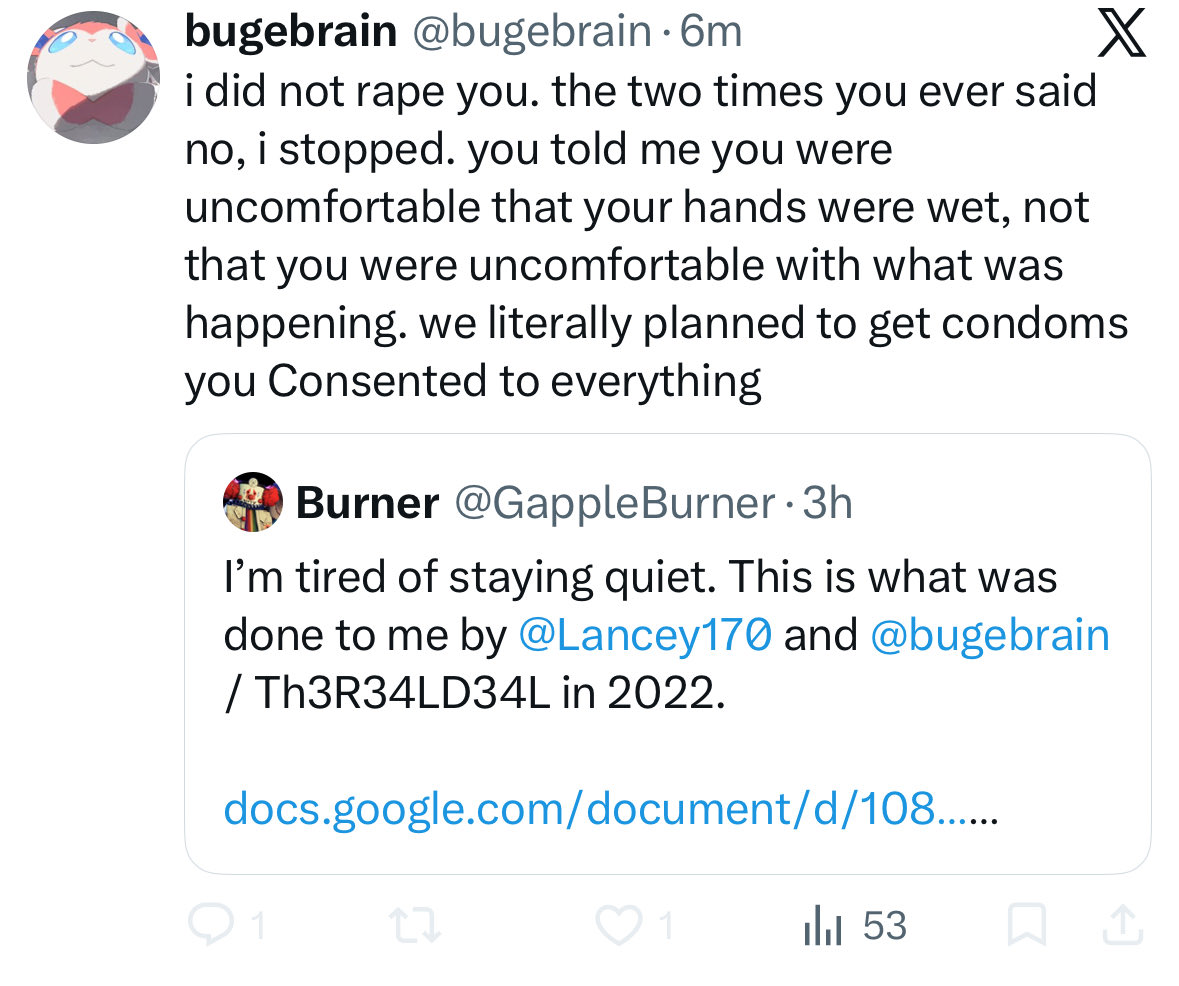 GappleBurner's tweet photo. “You consented to everything” yeah, no. Not gonna be true nomatter how loud you scream it. And way to hit me with the “ohhh you broke my boundaries!” Like your boyfriend didn’t post a doc talking about this years ago without my consent. Sexual harassment, btw. Yeah eat shit. https://t.co/vh85xDKCp2
