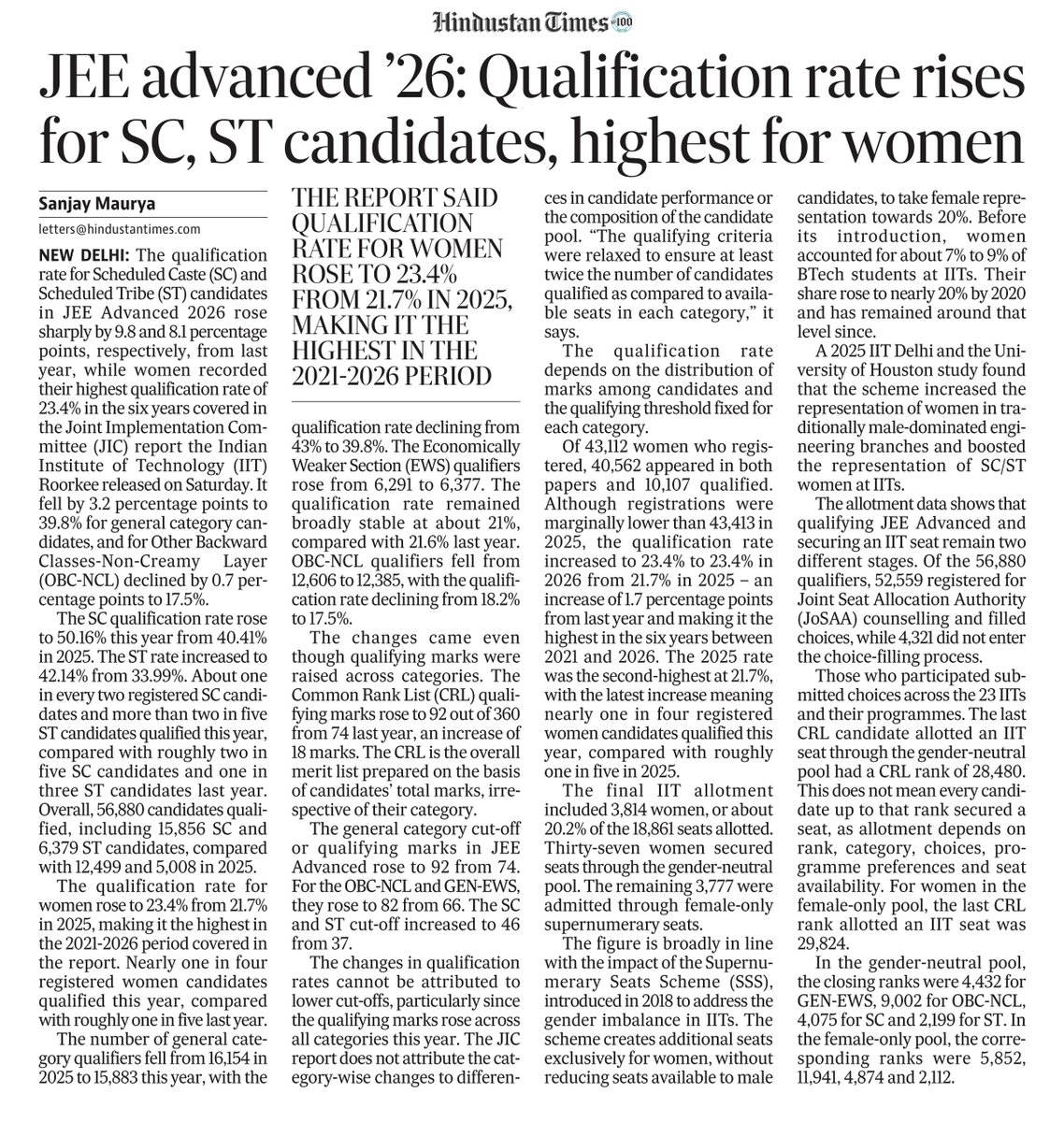 MeSanjayy's tweet photo. The SC candidates' JEE Advanced qualification rate rose to 50.16% this year from 40.41% in 2025. The ST rate increased to 42.14% from 33.99%.

The number of general category qualifiers fell from 16,154 to 15,883, with the qualification rate declining from 43% to 39.8%. https://t.co/Lqxo1bqomm