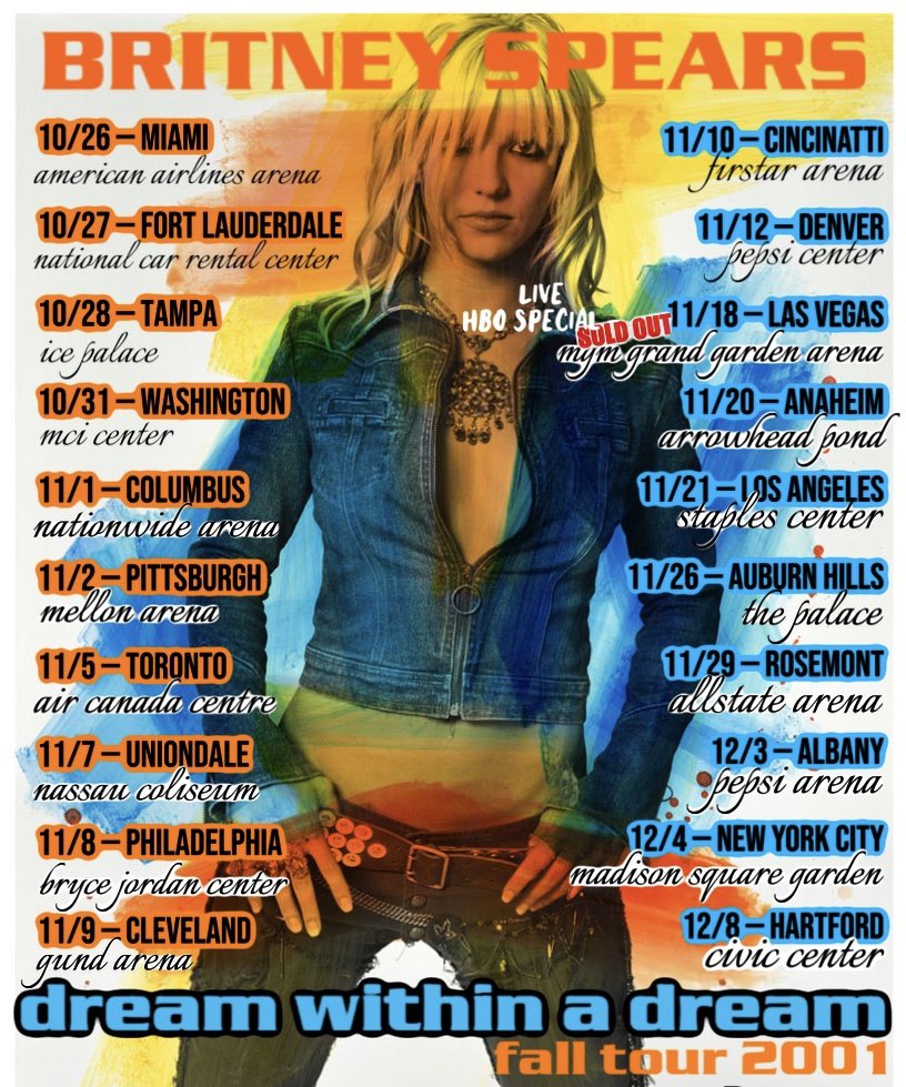 BSpears2001's tweet photo. ✨ DREAM WITHIN A DREAM TOUR ✨

Britney Spears is hitting the road this fall in support of “Britney”, her upcoming 3rd studio album! 🎤🇺🇸 

The 20-date US tour kicks off in Miami October 26th! More dates to be announced… 👀

Tickets on sale now 🎫
#Britney25 #BritneyTour ⭐️ https://t.co/hsECe6IrXf