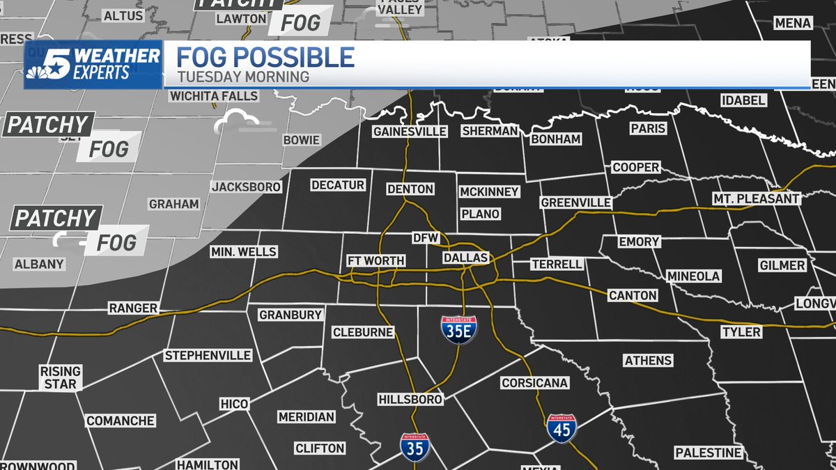 NBCDFWWeather's tweet photo. 9:12 p.m. Monday: A clear start with lows into the mid-50s to lower-60s. Expect a sunny afternoon with highs into the upper-70s to mid-80s. Have a terrific Tuesday! @nbcdfw @ksmithnbc5 #NBCDFWWeather @nbcdfwweather https://t.co/vxxLTOGBM8