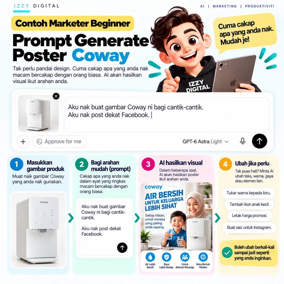 izzmy8's tweet photo. 😂 Cara marketer beginner guna AI:

Masukkan gambar Coway.
Lepas tu taip:

“Aku nak buat gambar Coway ni bagi cantik-cantik.

Aku nak post dekat Facebook.”
Habis. 😂

Tak perlu prompt panjang.

Beginner cuma tahu:
Produk ada.
Nak gambar cantik.
Nak post. https://t.co/3CJqenviBL