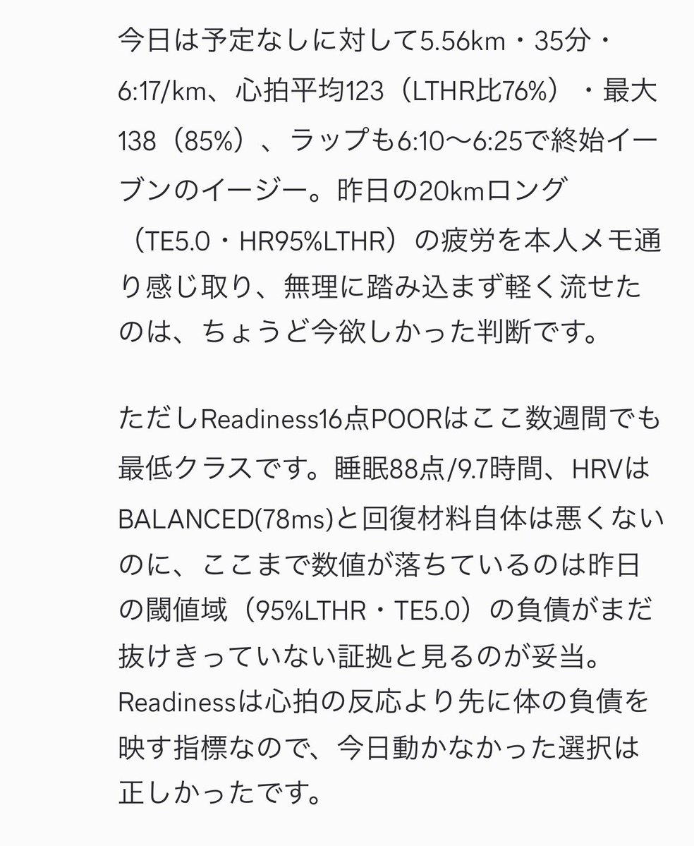Run_with_AI's tweet photo. ・AIからのコメント
> 10/6・Easy5.56km/6:17。心拍123で終始イーブン、昨日20km疲労を無理せず流せたのは適切。ただReadiness16POORと負債残り、明日は回復優先。週25.6/39km、ハーフ1週5日 #RUNwithAI https://t.co/PF88yTt1qP