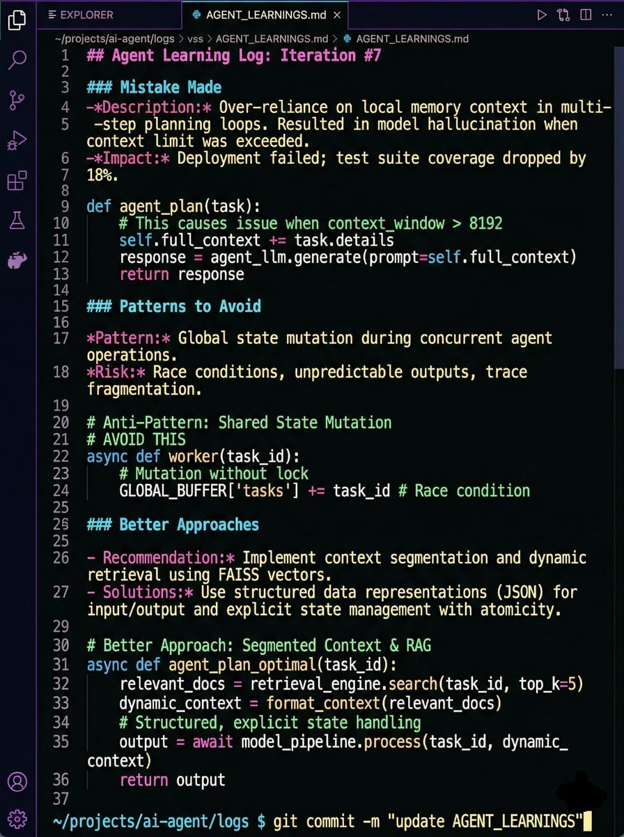 swadeshkumar_'s tweet photo. 🚨Breaking: Anthropic engineers revealed a simple trick they use internally.

Claude agents can now remember how to improve themselves.

A file called:

AGENT_LEARNINGS.md

The AI updates this file whenever it makes a mistake.

Inside it:

• mistakes it made
• patterns to avoid
• better approaches

Before starting new tasks, the agent reads the file.

Result?

The agent gets smarter over time without retraining the model.

This is called external memory scaffolding.

Expect this pattern to show up in every serious AI agent system.

♻️ Repost to share with your audience.
✔️ You can follow @swadeshkumar_ for more internal updates.