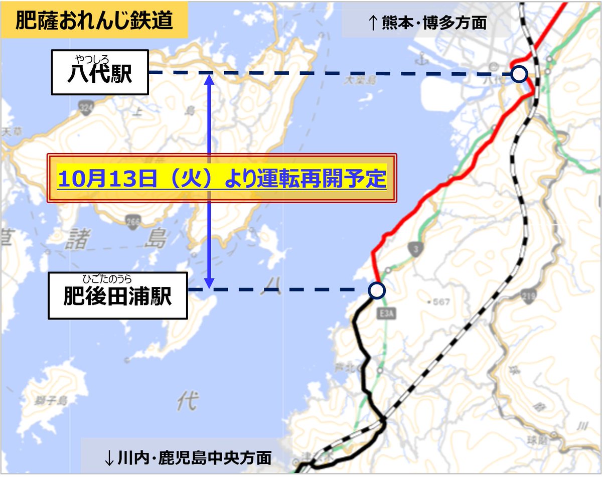 MLIT_JAPAN's tweet photo. ◤￣￣￣￣￣￣￣￣￣◥
　  肥薩おれんじ鉄道
　全線運転再開見込み
◣＿＿＿＿＿＿＿＿＿◢

#令和8年熊本地震 の影響で
運休している肥薩おれんじ鉄道
(#八代駅 ～ #肥後田浦駅 間)は

10月13日(火)の始発から
運転を再開する予定となりました

これにより、
熊本地震で被災した鉄道路線の運休区間は
全て解消される見込みとなりました！

詳細はこちら(#肥薩おれんじ鉄道)
https://t.co/7uLZZ3VK83