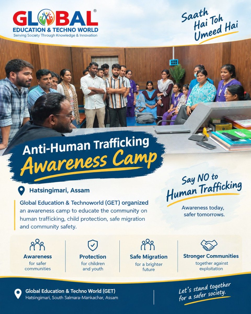 getngoassam's tweet photo. Awareness is the first step towards protection.

GET ne Hatsingimari mein Anti-Human Trafficking Awareness Camp ke through human trafficking, child protection, safe migration aur community safety ke baare mein awareness spread ki. https://t.co/VGABs6NXQf