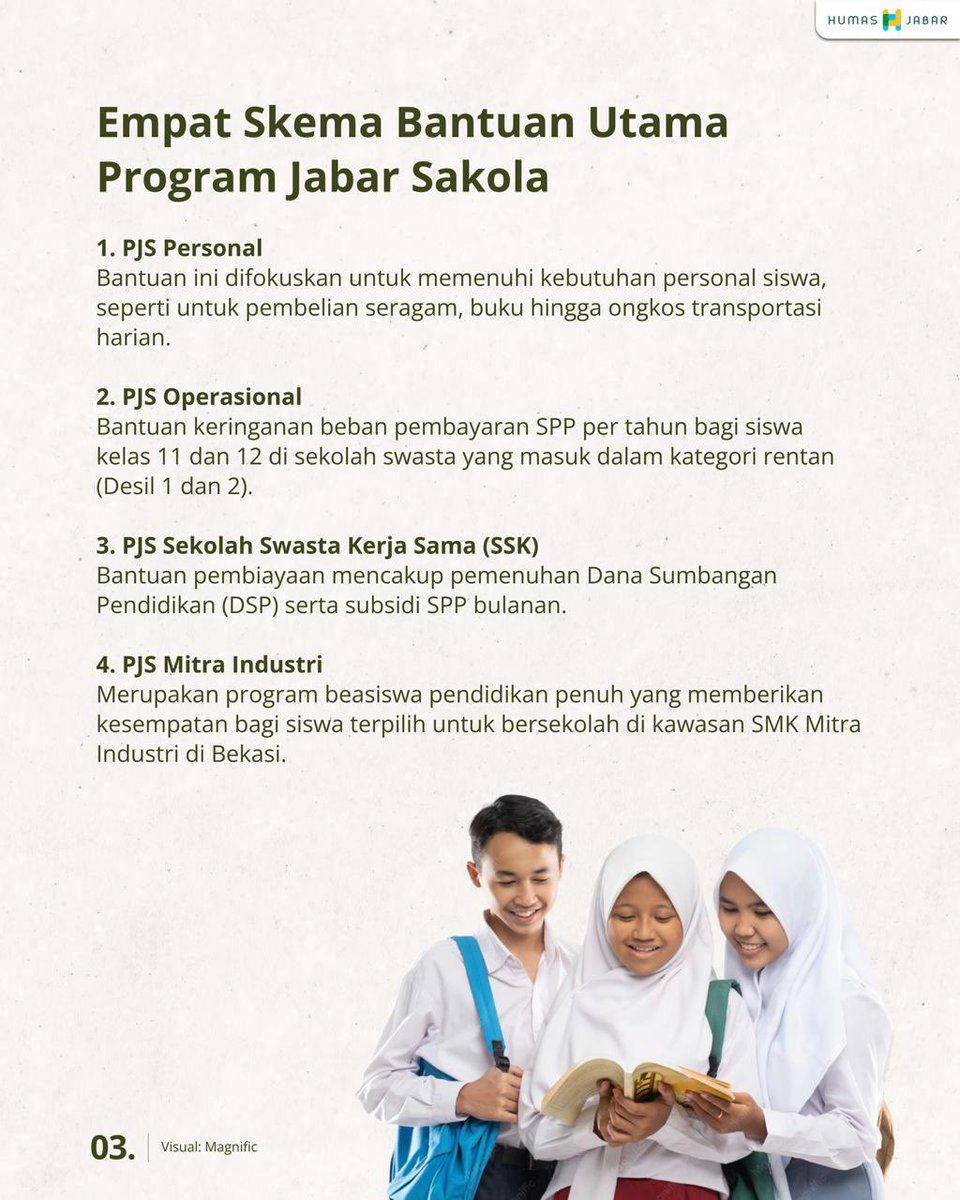 humasjabar's tweet photo. Melalui #JabarSakola , diharapkan tak ada lagi anak yang terhalang biaya untuk bersekolah 🥰

#LemburDiurusKotaDitata #JabarIstimewa #KDMErwan #ProgramJabar https://t.co/XRPHYC9hQT