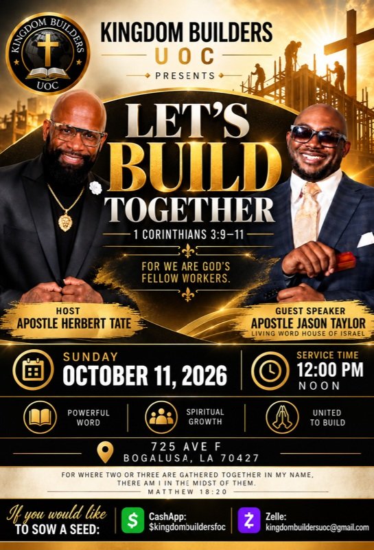 LIVINGWORDHOI's tweet photo. 🔥 BOGALUSA, LOUISIANA — THIS WEEKEND! 🔥

There’s a word coming to Bogalusa, and you don’t want to miss it!

Apostle Jason Taylor of LivingWord House of Israel Ministry will be the Guest Speaker at Kingdom Builders UOC for a powerful time of worship, and Word, https://t.co/kTC48hclCz