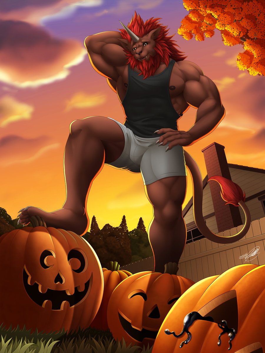 Symbolhero's tweet photo. New commission for @KomainuRonso 
Komainu is so into this year’s Halloween that he worked so hard to have these huge pumpkins ready. 
However, he forgot to think about what costume he would wear for the night.  But it´s ok, he will figu... um what´s that black worm over there? https://t.co/jeNH14zgTz