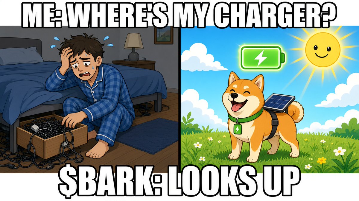 Barksolardog's tweet photo. Can't find your charger? $BARK just looks up ☀️🐶 #Solana #SolarPunk https://t.co/h07F6D6DYQ
