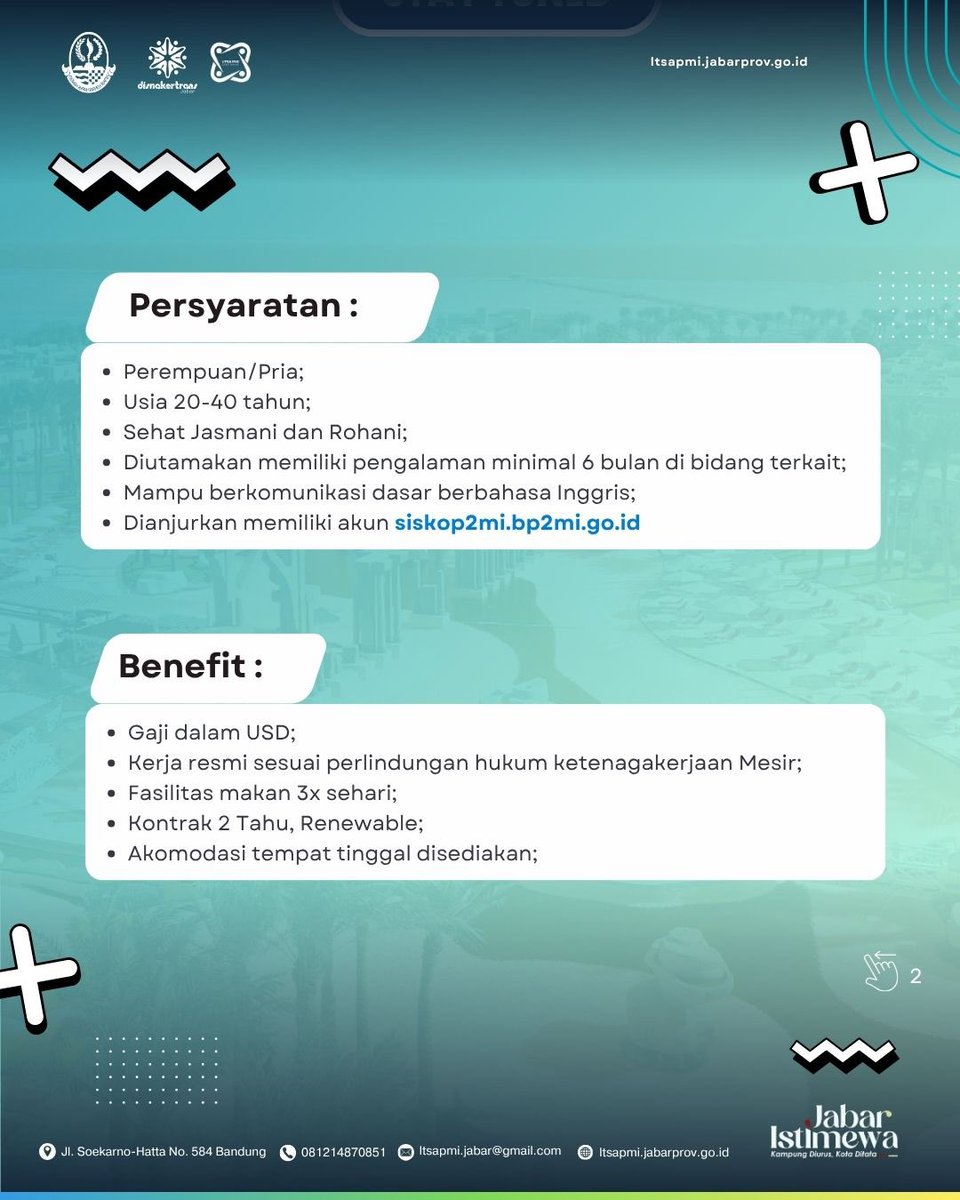 humasjabar's tweet photo. Siapa yang mau kerja di Mesir??? Sini sini Mimin kasih info peluang kerjanya 🤩

Ada berbagai macam posisi, lhoo. Yuk, simak lengkapnya dalam grafis 😉

Yuk ah, segera daftar jangan sampai terlewat!

Grafis by @DisnakertransJB https://t.co/DJ6DYpMYV9