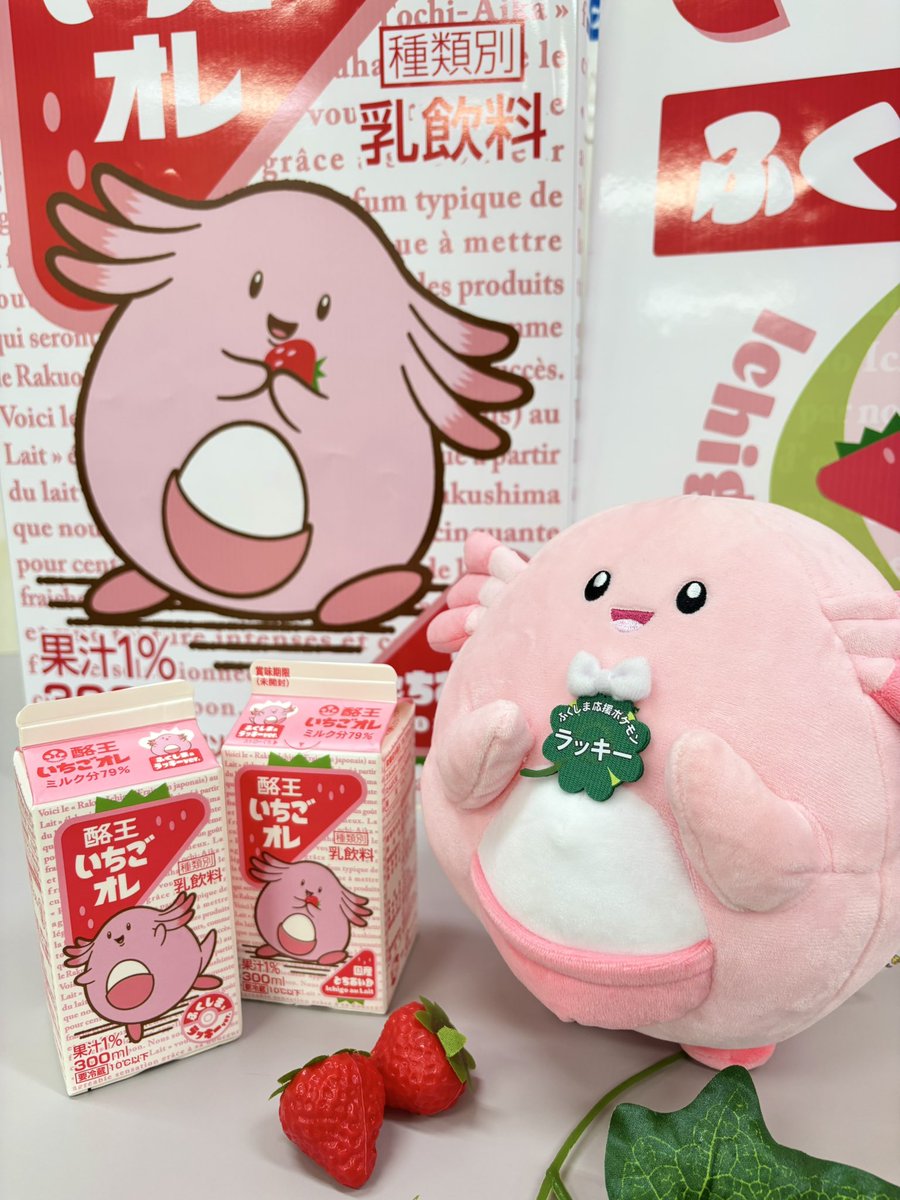 fukushimalucky's tweet photo. 🍀11/2(月)〜新コラボ商品発売！🍓

#酪王協同乳業 から「酪王いちごオレ ふくしま＆ラッキーバージョン」が発売されます✨
酪王ならではのデザインとラッキーの魅力をかけあわせた、ラッキーの可愛らしさといちごオレの優しく甘い味わいが感じられるパッケージです🥛🍓

10/10・11の #酪王協同乳業まつり で先行販売！
👇詳細はこちらをチェックしてね
https://t.co/Hagz7R5gZO
#ラッキー #ふくしまラッキー