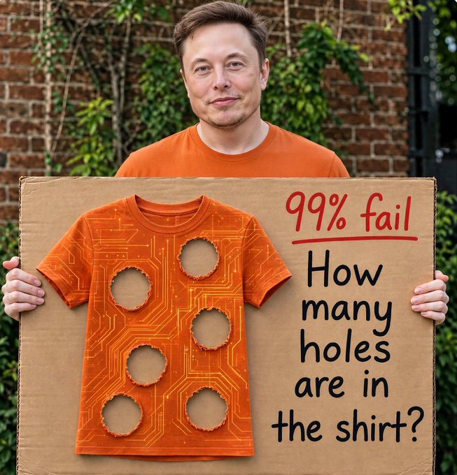 Image of Elon Musk holding a cardboard sign featuring an orange circuit-board patterned t-shirt with several holes cut out, alongside the text '99% fail' and 'How many holes are in the shirt?'